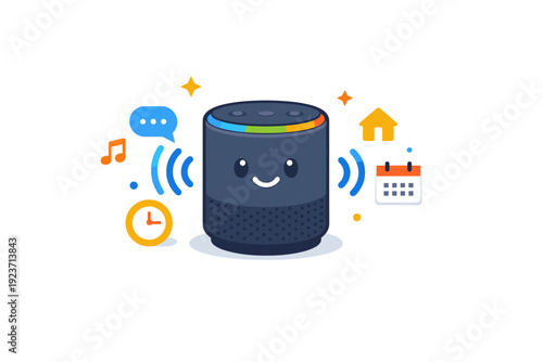 Voice controlled assistants shown as a friendly smart speaker with gentle sound waves, expressing hands free interaction, convenience, and everyday digital