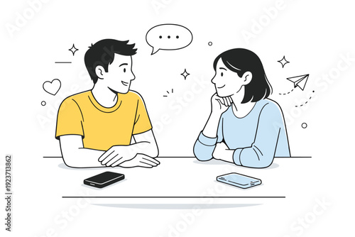 Intentional phone use habits. A gentle social moment with two people talking face to face, phones resting aside on a table. Human connection, attention, and