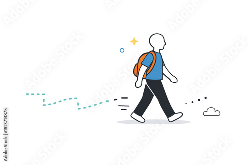 Mentorship absence. Simplified figure walking forward while dotted guidance lines break and disappear. Learning by trial without a guiding