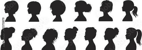 Diverse female hairstyle silhouette collection, afro, bun, ponytail, curly, fashion beauty profile vector, multicultural women head shapes illustration