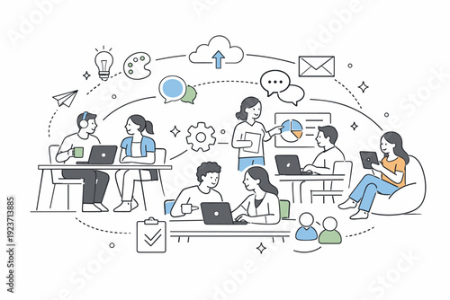 Coworking space with young professionals. Abstract composition of desks, laptops, people, and collaboration icons connected smoothly. Balanced flow