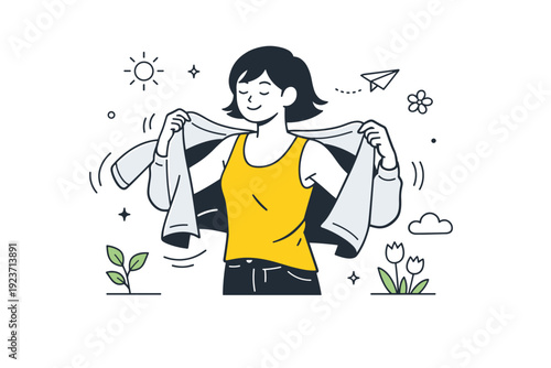 From layers to color. A person removing a light jacket and revealing a brighter top underneath, with soft motion lines suggesting change. The scene conveys