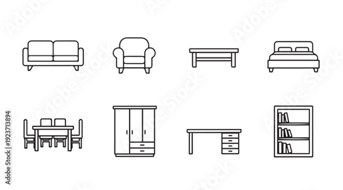 Vector Icons of Furniture Collection: Sofa, Armchair, Table, Bed, Wardrobe, Desk, Bookshelf