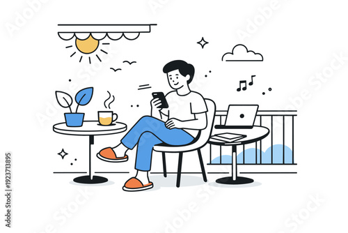 Summer breaks between work sprints. A shaded balcony scene where a person checks the phone briefly before returning to work. Light, mindful pause that supports