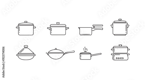 Collection of Cooking Pots and Pans Line Icons
