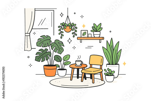 Personal corners of rooms. A corner with potted plants and soft light from a nearby window, small chair tucked in. Calm, restorative scene