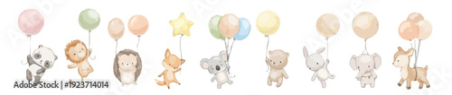 Watercolor baby animals with balloons, baby shower clipart set, pastel nursery bundle. Cute Collection of Vector illustrations. Perfect for invitation, card, poster, banner, decoration