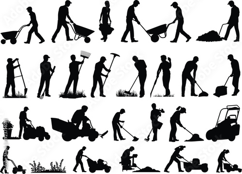 Silhouette gardeners working outdoors, planting, digging, mowing, raking, landscaping, vector illustration, gardening tools, outdoor maintenance, stock art collection
