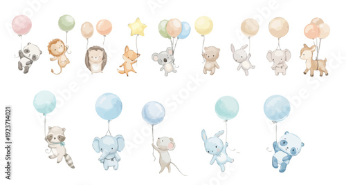 Cute watercolor flying animals holding balloons, baby shower nursery cliparts. Collection of Vector illustrations. Perfect for invitation, card, poster, banner, decoration