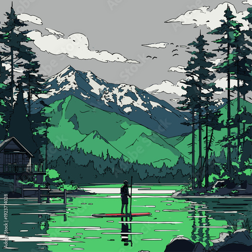 Serene SUP Ride on Mountain Lake