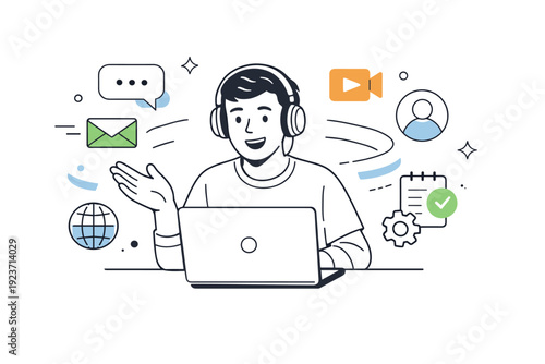 Video conference at home. A person speaks into a webcam on a laptop, headphones on, abstract floating icons and motion lines highlighting virtual communication