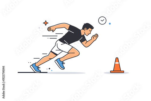 Shuttle run drills. Side view of an athlete accelerating from a starting line toward a marker cone. Explosive movement and controlled power emphasized through