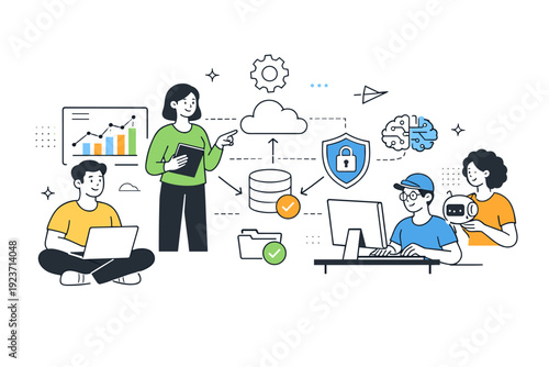 Digital teamwork. IT specialists collaborating around connected devices and shared data symbols. Friendly editorial scene showing