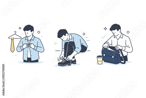 Morning routine fragments before work. A person dresses, ties shoes, and checks a bag, each action shown as a simple everyday step. The scene conveys