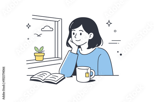 Window light portrait. A character standing or sitting near a window, face partially illuminated by natural light. Peaceful atmosphere with soft contrast and