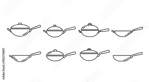 Wok Collection with Lids: Diverse Styles and Shapes, Line Art Icons, Isolated