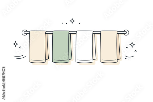 Towels drying quietly. Minimal rack with multiple towels in subtle tones, evenly spaced and still. Balanced visual rhythm of function and quiet design.