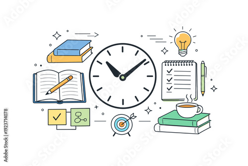Balanced Study Essentials. Focused learning overview. Symmetrical flat lay combining books, notes, and a clock symbol. Balanced editorial composition