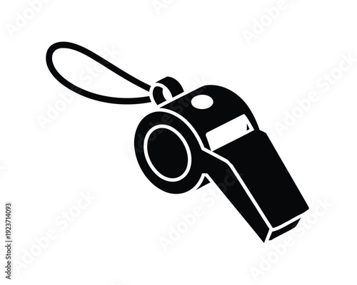 Black and white silhouette of a referee whistle with lanyard