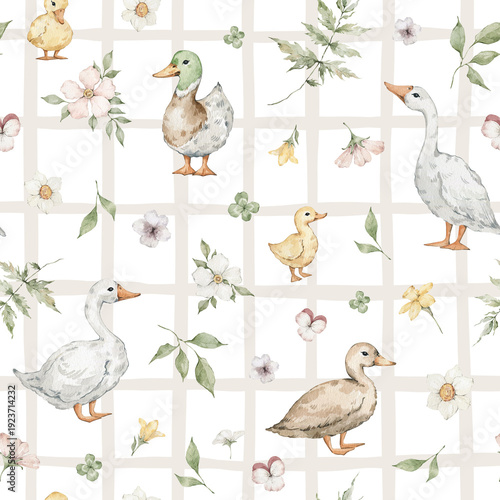 Watercolor seamless pattern with cute ducks, goose, ducklings, leaves, flowers and checkered background