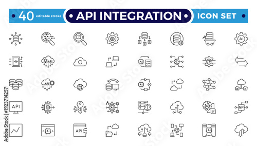 API Integration outline icons illustrating connect, network, sync, workflow, integration, transfer, hierarchy, flowchart, automation, global communication, hub nodes. Editable stroke outline icon.