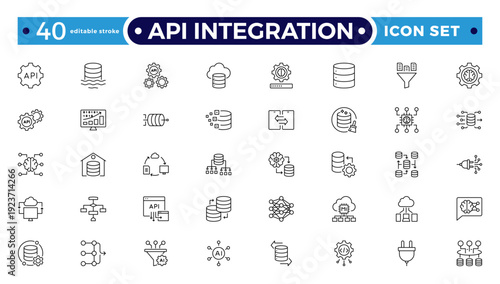 API Integration outline icons illustrating connect, network, sync, workflow, integration, transfer, hierarchy, flowchart, automation, global communication, hub nodes. Editable stroke outline icon.
