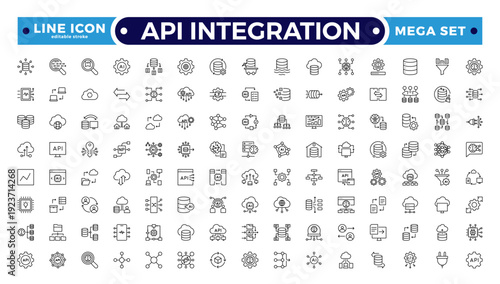 API Integration outline icons illustrating connect, network, sync, workflow, integration, transfer, hierarchy, flowchart, automation, global communication, hub nodes. Editable stroke outline icon.