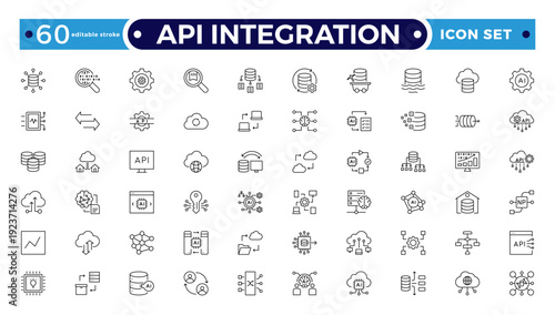 API Integration outline icons illustrating connect, network, sync, workflow, integration, transfer, hierarchy, flowchart, automation, global communication, hub nodes. Editable stroke outline icon.