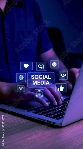 Social Media Networking and Digital Communication Concept with Online Engagement, Chat, Notifications and Video Interaction on Laptop
