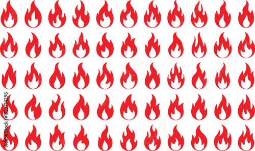 Fifty distinct red fire symbols in various sizes and forms presented on a simple white background