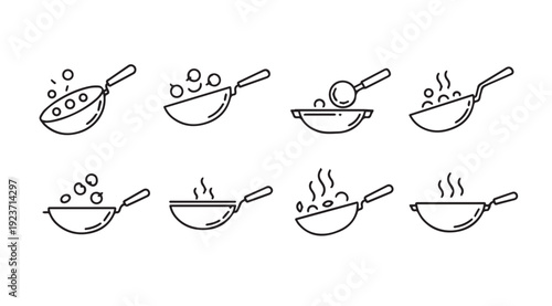 Wok Cooking Icons: Stir-fry Steps, Ingredients, and Steam - Line Art