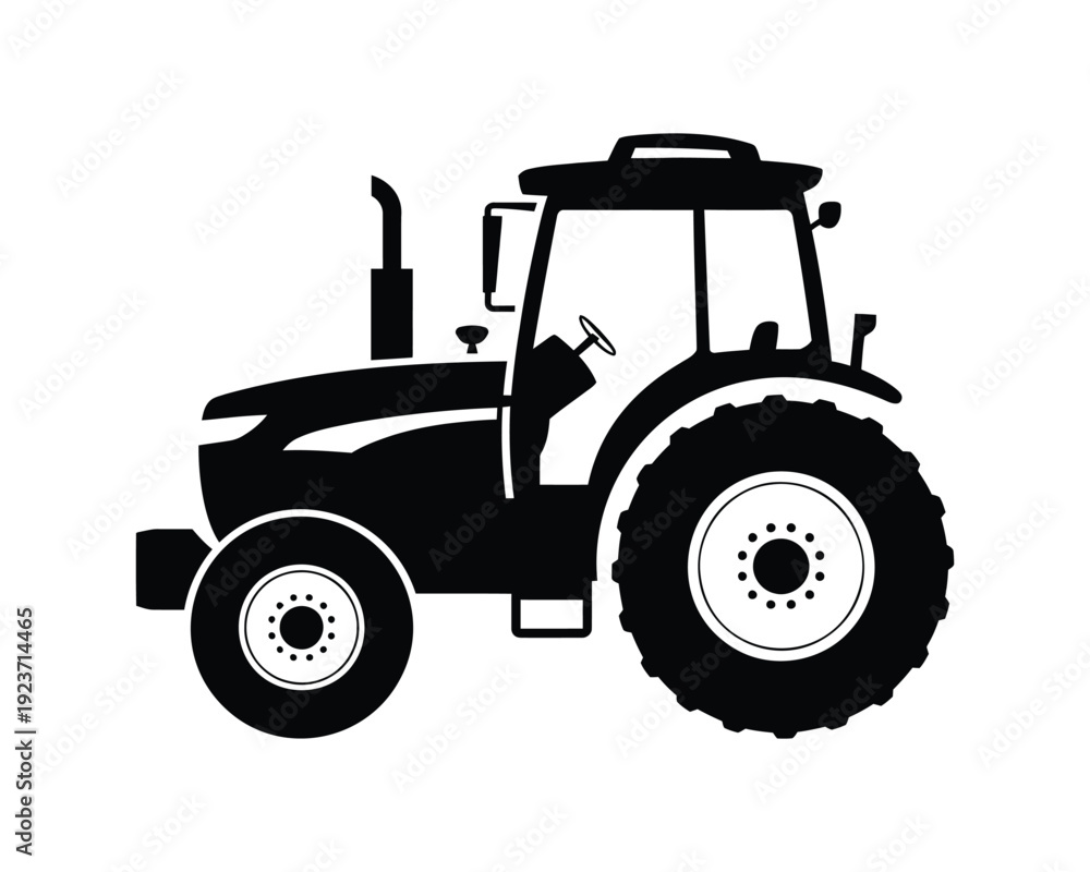Obraz premium Black and white tractor silhouette with large tires and detailed cabin facing left agriculture