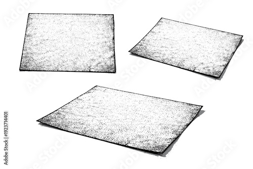 Rough halftone paper background A rough paper background sheet presented in flat view, tilted view, and three-quarter view showing tactile unevenness. Black