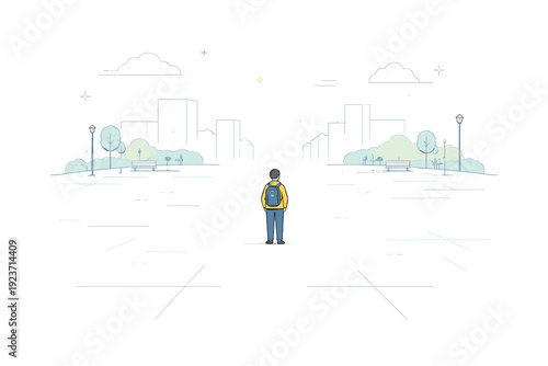 Single person in wide frame. A lone figure standing in the center of a wide open plaza, small against the surrounding empty space. The scene emphasizes scale,