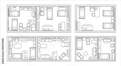 Architectural floor plan layouts showcasing various residential apartment designs and configurations.