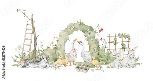 Фотография Watercolor rural scene with cute animals and green trees, arch, flowers