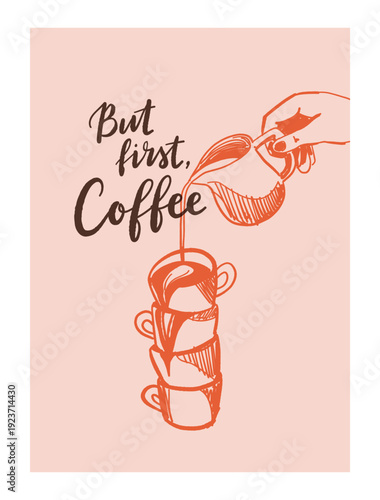 Breakfast doodles poster. Vector illustration of coffee cup, crayon drawing style