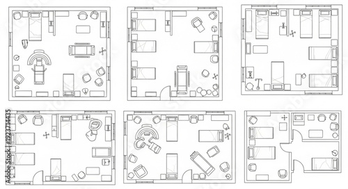 Detailed architectural floor plans showcasing various interior design layouts and room arrangements.