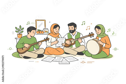 Indoor Nowruz music practice. A small group seated in a room, tuning instruments and reviewing notes together. Togetherness, preparation, and gentle cultural