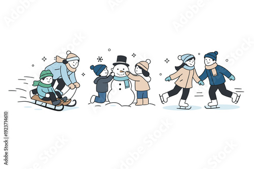 Winter leisure activities. A friendly scene of skating, sledding, or casual winter play shown in a simplified and calm way. The illustration highlights joy,