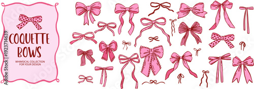 Cute pink and red ribbon bow vector set for a coquette tie. This gift illustration is drawn with a whimsical doodle style. Enhance your vintage lace design