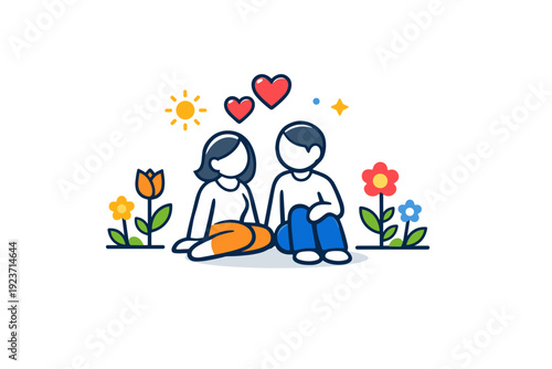 Spring love story minimal romantic concept with hearts, flowers and two simple figures, capturing lightness, optimism and the joy of spring romance. Minimalist