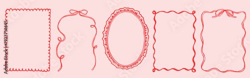 Whimsical hand-drawn borders featuring delicate ribbons and bows. Vintage doodle frames ideal for Valentine cards, wedding menus, Christmas invitations, and coquette aesthetic designs