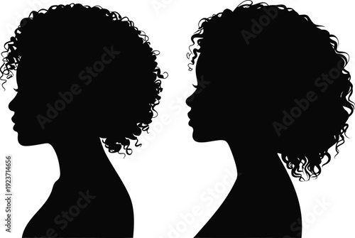 Black female silhouette profiles with curly afro hairstyles on white background