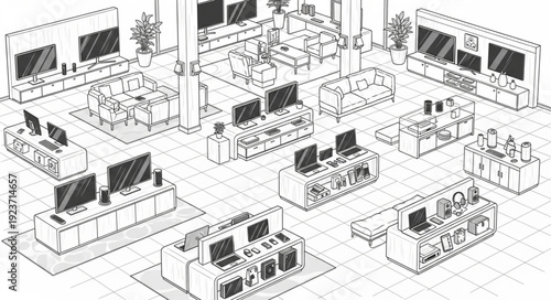 Detailed illustration of a modern electronics store with various displays and setups.