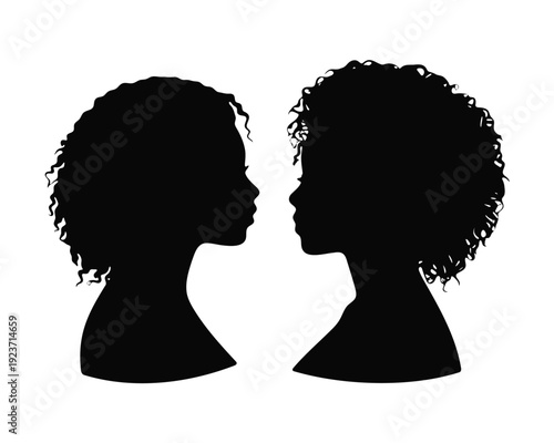 Black dual silhouette profile heads with curly hair facing each other on white background