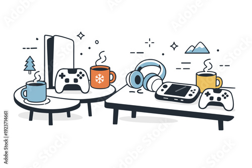 Cozy Winter Gaming. Winter gaming setup illustration. Abstract consoles, controllers, headphones, and warm beverage cups arranged on tables in a lounge,