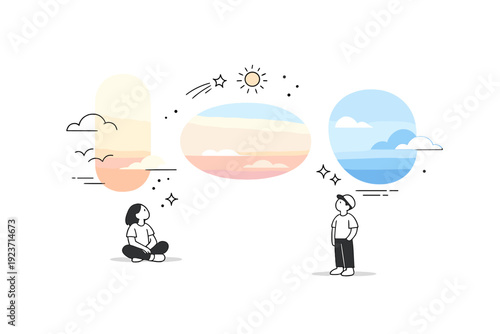 Natural sky gradients. A calm editorial scene inspired by soft sky color transitions, from warm dawn tones to gentle blue hues, floating abstractly on a white