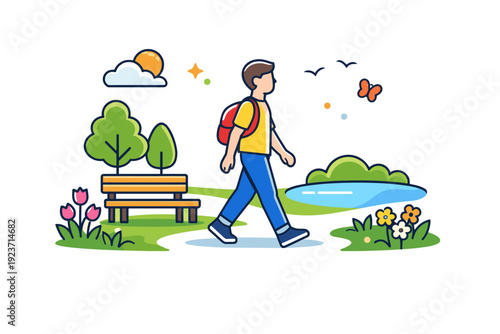 Leisurely spring park stroll relaxed walking through green spaces with flowers and simple benches, conveying peaceful leisure and connection with nature.