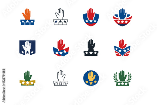 The history of democracy and political systems. Icon set. Set Logo of The history of democracy and political systems: raised hand for voting. harmonious logo